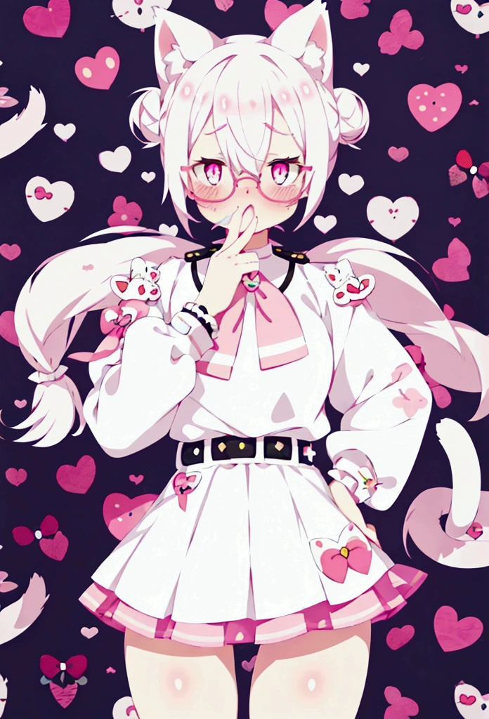 I have white pink hair, cat ears, a bun, my face is super blushing, black glasses, pink heart eyes, a blouse that reaches the shoulders, short jean shorts, white tennis shoes, a cat&#39;s tail, a very shy girl winking while blowing a kiss with one hand