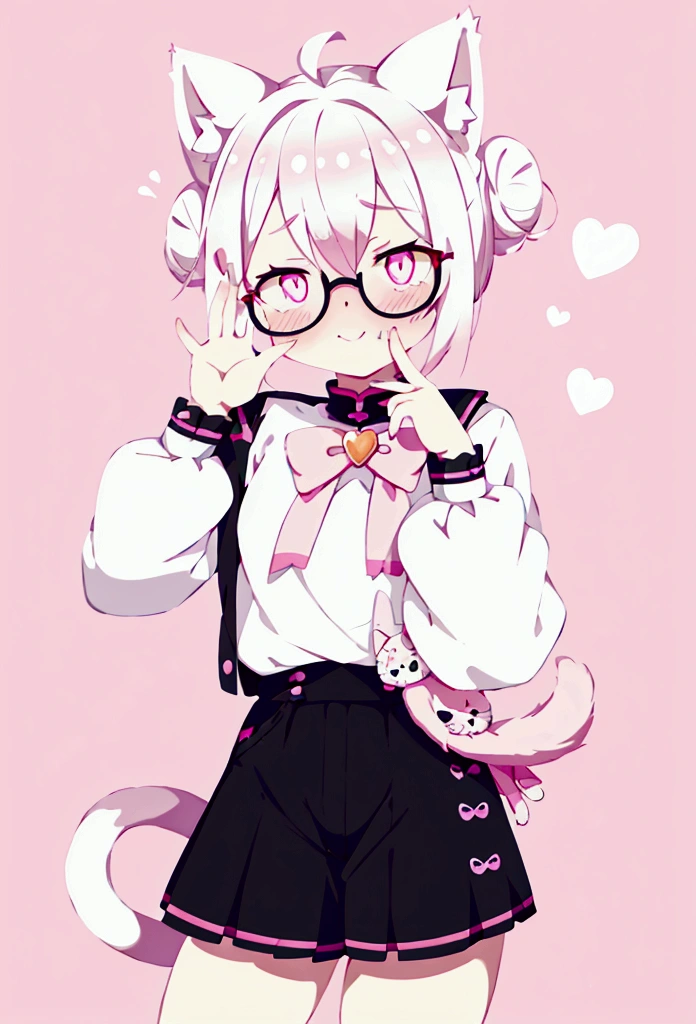 I have white pink hair, cat ears, a bun, my face is super blushing, black glasses, pink heart eyes, a blouse that reaches the shoulders, short jean shorts, white tennis shoes, a cat&#39;s tail, a very shy girl winking while blowing a kiss with one hand