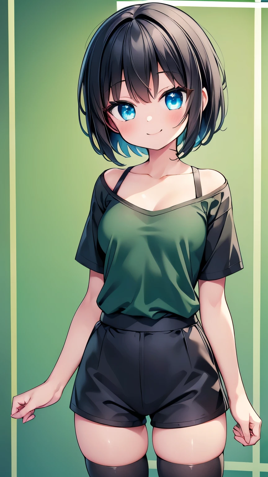 Highest quality,wonderful,finely,Highly detailed CG Unity 8k wallpaper, (1 Girl,Black Hair, blue eyes,short hair, Double Bang), (Small breasts:1.2), (T-Shirts:1.1),  (clavicle:1.1), Shorts、Smiling Kindly、smile、(zettai ryouiki:1.2),(narrow:1.2), (Are standing:1.2)、Solid green background