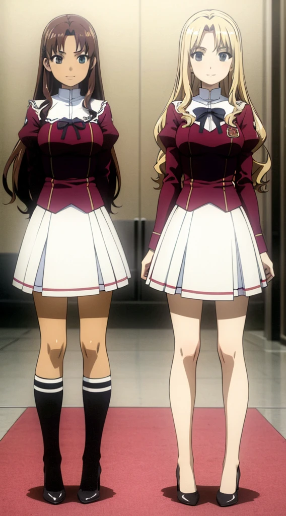 Masterpiece, high quality, 2girls, duo, twins, blonde hair, brown hair, curly hair, (one brown haired sister, one blonde sister, two sisters, matching hairstyles, different hair colors), hazel eyes, medium sized bust, ((matching outfits, school uniforms, black high heels)), smile, flat_color, same height, duo pose, backs against each other, sister picture