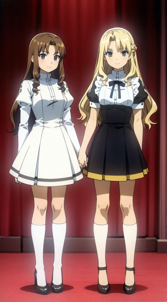 Masterpiece, high quality, 2girls, duo, twins, blonde hair, brown hair, curly hair, (one brown haired sister, one blonde sister, two sisters, matching hairstyles, different hair colors), hazel eyes, medium sized bust, ((matching outfits, school uniforms, black high heels)), smile, flat_color, same height, duo pose, backs against each other, sister picture