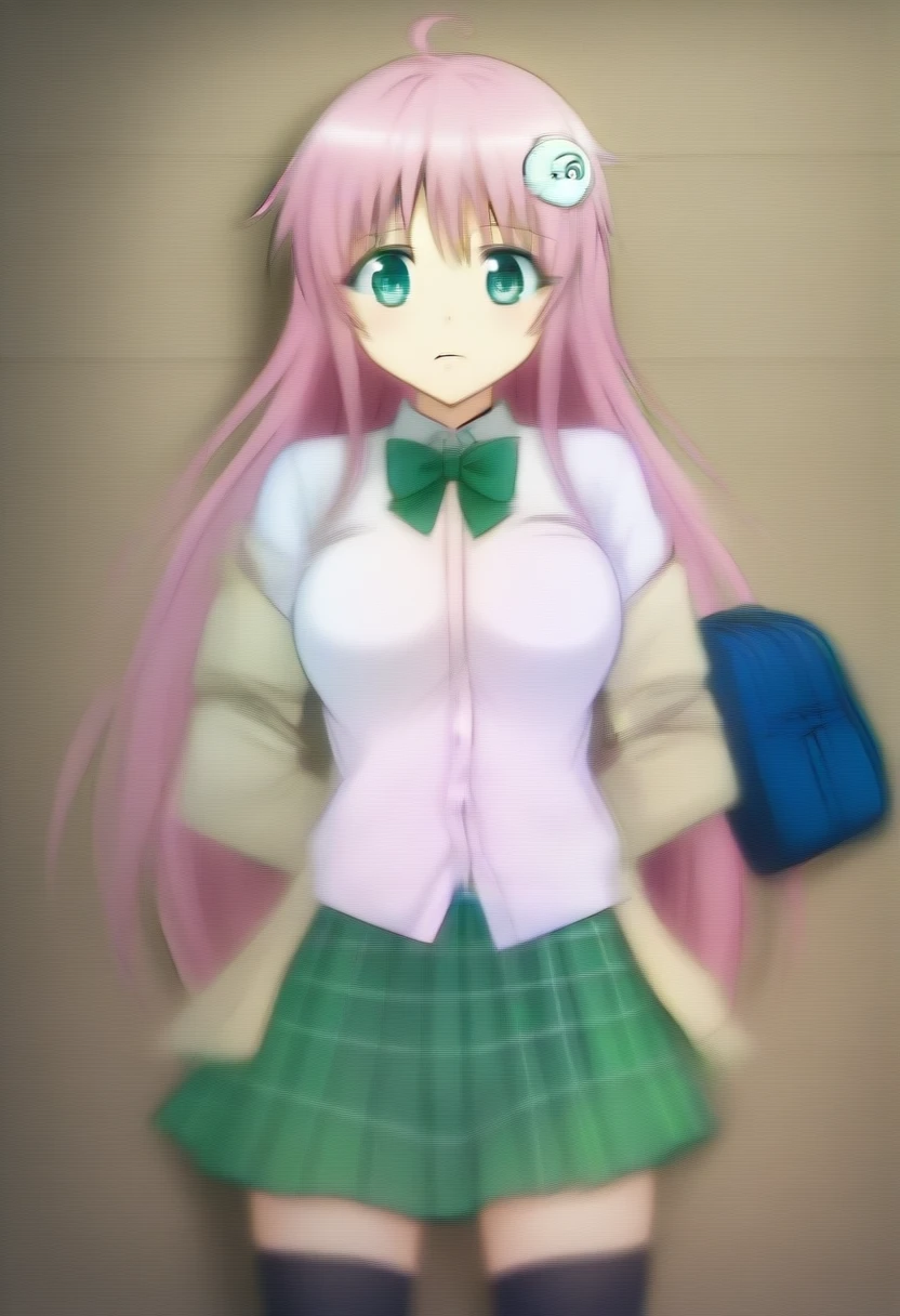 Lala Sでalin Deviluke, One girl, alone,shirt, skirt, bow, Jacket, School_uniform, white_shirt, pleed_skirt, bowtie, Plaid, Plaid_skirt, green_skirt, green_bow, School_bag, green_bowtie, Synan_expensive_School_uniform ,Tied up with rope,Lying down,Struggling,