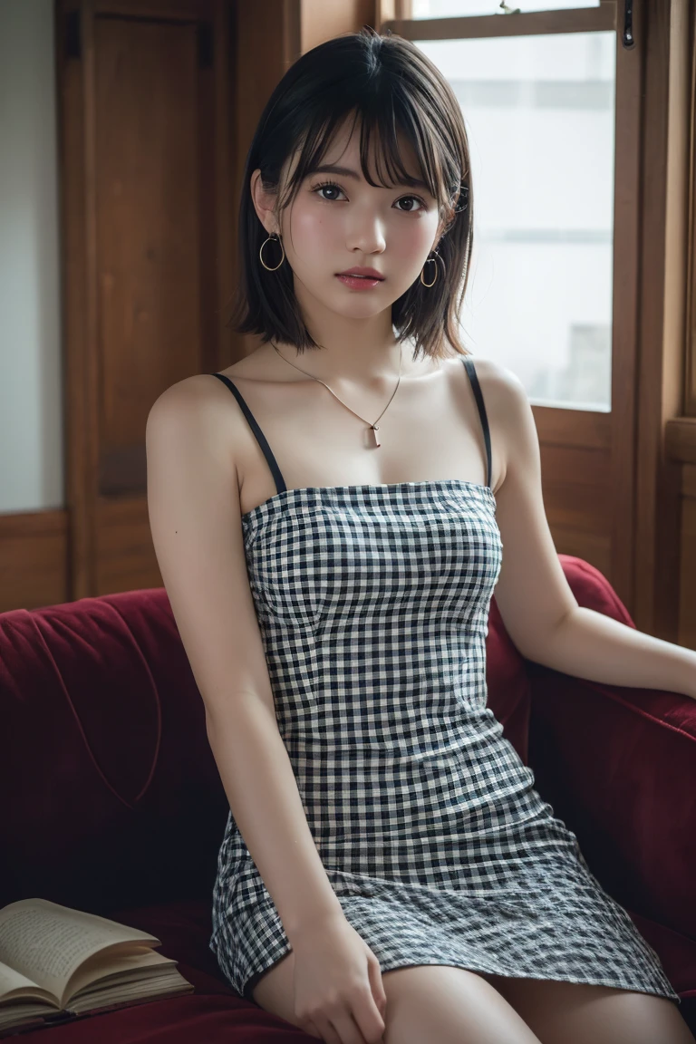 (Highest quality:1.4)，(masterpiece:1.4)，(Realistic:1.4)，(Realistic:1.2)，(超High resolution， RAW Photos:1.4)，(High resolution， Super detailed:1.2)，(8K:1.2)，View your audience，Cinematography，One Girl，skeletally correct，Black-haired woman，(Small earrings，necklace，Checkered tube top dress，Beautiful body lines，View from the front)，（Inside the Western-style building，Dimly lit room，The lamplight shines on my cheeks，Sit on the sofa）