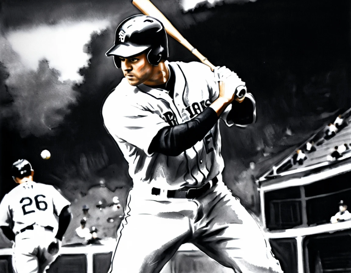 Charcoal work of art, ((using only black, white and blu:e1.5)) masterpiece, a baseball player hitting a home run in baseball game, highest quality, Best aesthetics), best details, best quality, highres, ultra wide angle, 16k, [ultra detailed], masterpiece, best quality, (extremely detailed), charcoal