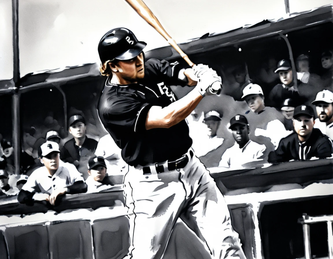 Charcoal work of art, ((using only black, white and blu:e1.5)) masterpiece, a baseball player hitting a home run in baseball game, highest quality, Best aesthetics), best details, best quality, highres, ultra wide angle, 16k, [ultra detailed], masterpiece, best quality, (extremely detailed), charcoal