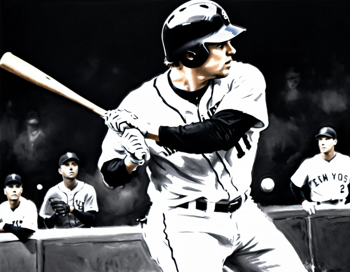 Charcoal work of art, ((using only black, white and blu:e1.5)) masterpiece, a baseball player hitting a home run in baseball game, highest quality, Best aesthetics), best details, best quality, highres, ultra wide angle, 16k, [ultra detailed], masterpiece, best quality, (extremely detailed), charcoal