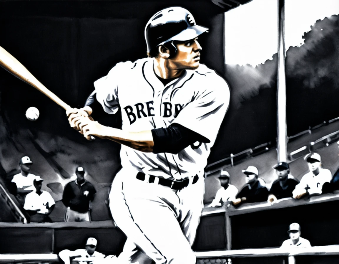 Charcoal work of art, ((using only black, white and blu:e1.5)) masterpiece, a baseball player hitting a home run in baseball game, highest quality, Best aesthetics), best details, best quality, highres, ultra wide angle, 16k, [ultra detailed], masterpiece, best quality, (extremely detailed), charcoal