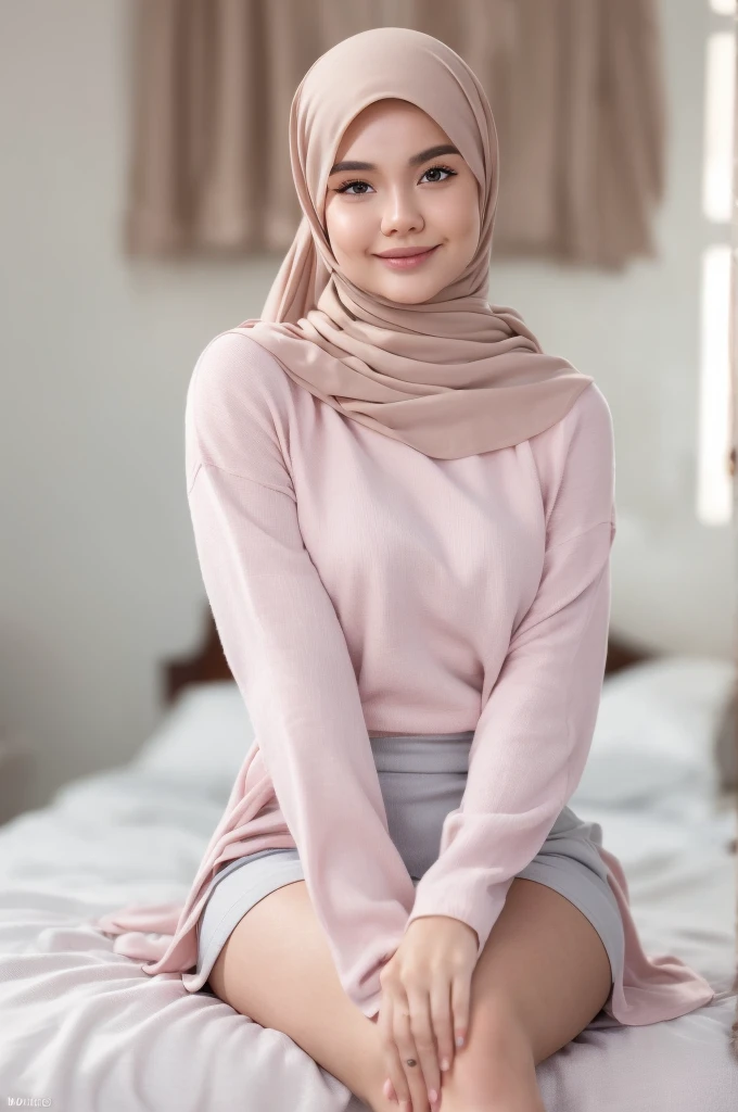 Young malay 20 years old wearing hijab, pink pastel color hijab, naked, nighttime, front view, , small sagging breast, , slim, slim abs, small waist, big hips,thick thighs, bright lighting, white lighting, detail skin texture, wrinkles, mole below eyes, bokeh, ((sitting on bed)),sexy body, exposed breast, wearing detailed hijab, realistic skin, seductive pose, seducing, bend over on bed, saggy breast, sagging small breast, looking viewers, soft focus face, magazine cover,