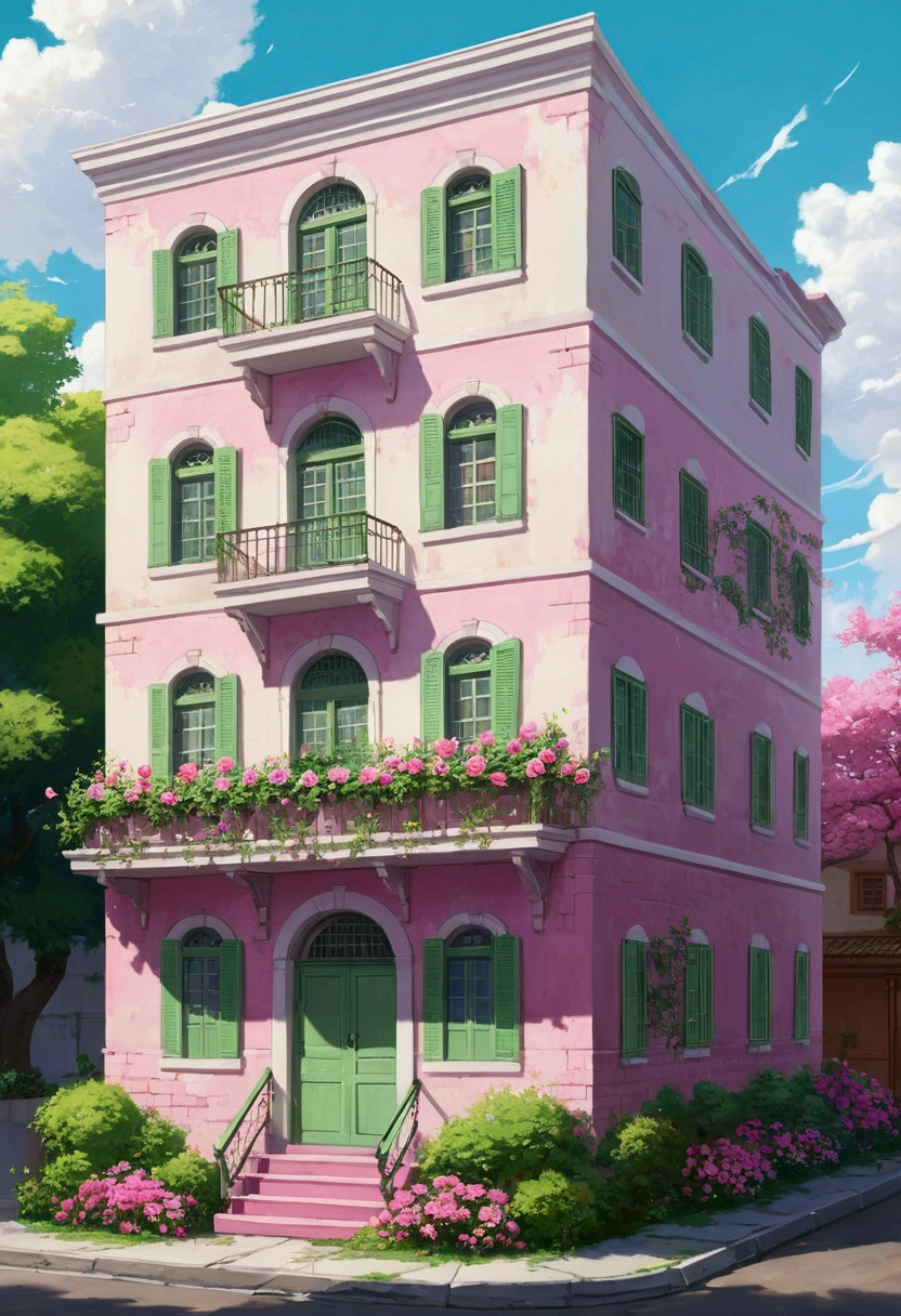 Painting of the exterior of a three-story small western-style building, white walls, light green doors and windows, pink rose flowers, flower vines, anime background art, relaxation concept art, anime landscape concept art, very detailed scenes, beautiful artwork illustrations, highly detailed scenes, environmental design illustrations, beautiful anime scenes, anime scenery, detailed soft painting, environmental painting, bright color scheme, 3D wind  