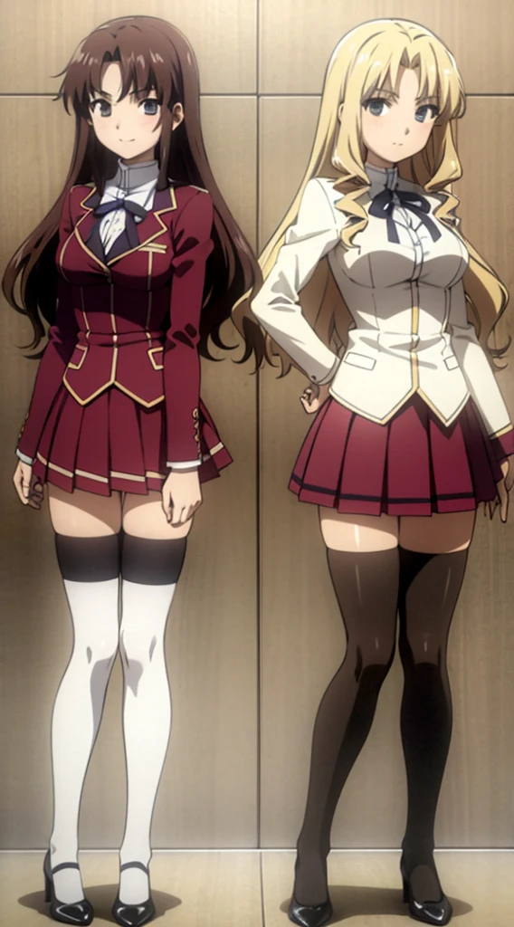 Masterpiece, high quality, 2girls, duo, twins, blonde hair, brown hair, curly hair, (one brown haired sister, one blonde sister, two sisters, matching hairstyles, different hair colors), hazel eyes, medium sized bust, ((school uniform, sexy school uniform, blazer, lace section, ribbon, shirt skirt, white thigh-high socks, black high heels, matching outfits)), smile, flat_color, full body, duo pose