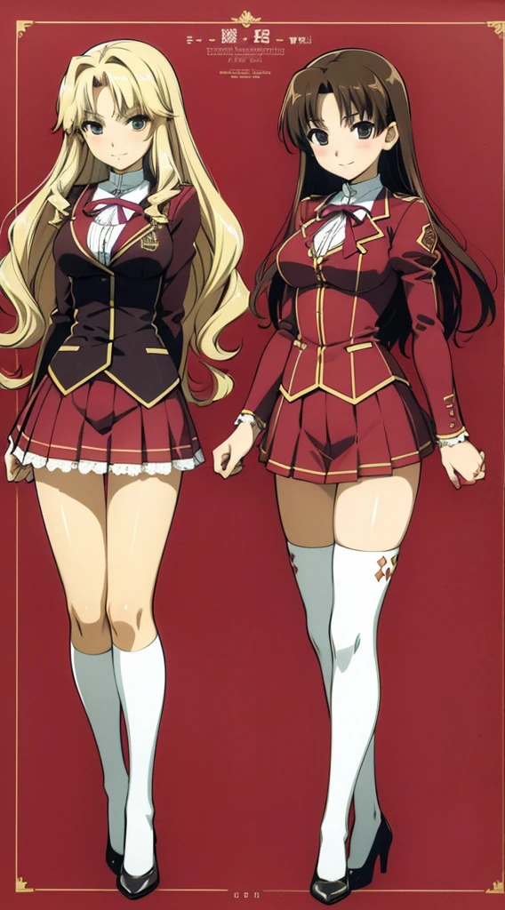 Masterpiece, high quality, 2girls, duo, twins, blonde hair, brown hair, curly hair, (one brown haired sister, one blonde sister, two sisters, matching hairstyles, different hair colors), hazel eyes, medium sized bust, ((school uniform, sexy school uniform, blazer, lace section, ribbon, shirt skirt, white thigh-high socks, black high heels, matching outfits)), smile, flat_color, full body, duo pose