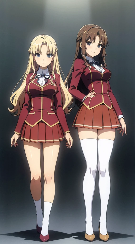 Masterpiece, high quality, 2girls, duo, twins, blonde hair, brown hair, curly hair, (one brown haired sister, one blonde sister, two sisters, matching hairstyles, different hair colors), hazel eyes, medium sized bust, ((school uniform, sexy school uniform, blazer, lace section, ribbon, shirt skirt, white thigh-high socks, black high heels, matching outfits)), smile, flat_color, full body, duo pose