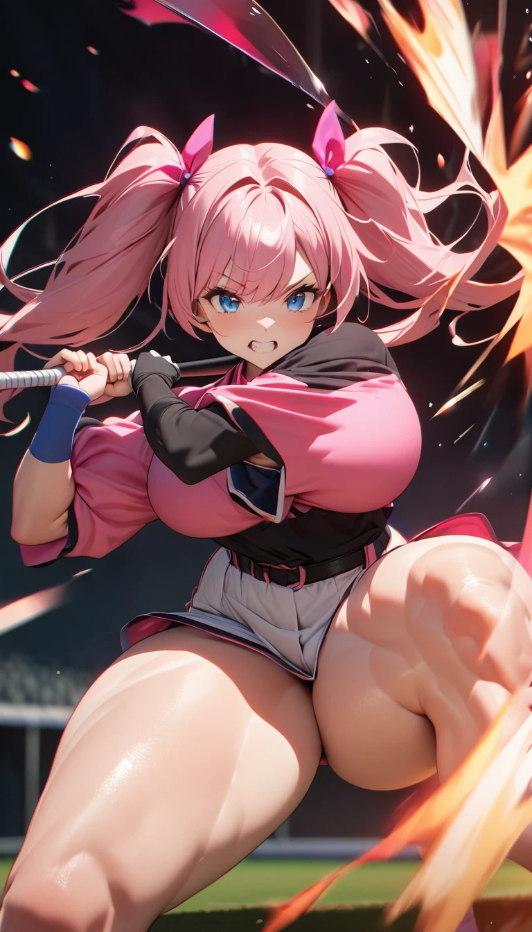 (((masterpiece, Highest quality, 8K, Perfectly shaped, The shape of your fingers is perfect))), (((((baseball))))), (((hitting the ball with a bat, Swinging, Full Swing))), ((1 Girl, baseball選手の女の子, Pink twin tails, Waist-length hair, Large Breasts, Thick thighs, You can see the muscle lines of your thighs, Blue Eyes, Flame aura in left eye, Gritting your teeth, The corners of the mouth are slightly turned up, I&#39;m sure it&#39;s a perfect hit.)), (((baseball選手, Helmetが頭から外れて宙に浮いている, 白いbaseballのuniform, uniform, Blue team logo on chest, Short sleeve, Shorts that reach the top of the thighs))), (((Swinging a bat, Wooden bat, Catching a hard ball with a bat, Hitting the ball, Speedball, Swinging, baseballの打撃スイング, 完璧なFull Swing))), Elbows folded compactly, Angle from the front, Helmet, Background pop effect, Hit mark effect, baseballスタジアム