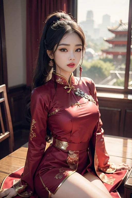 Highest quality, 16K high resolution, super detailed, masterpiece, Capture directly, reality:1.4, surreal:1.4, Sharp focus, very delicate and beautiful, small detail, 1 female, (Asia:1.2), (no underwear:1.3),  (sit on the table), (supper beautifull), (Nice face:1.5), (Hair tied in 2 ponytails, wear socks), (detailed face), (beautiful and beautiful eyes), Perfect round eyes, (detailed lips), Lipstick, (eye liner), mascara, eye shadow, araffe người phụ nữ Asia mặc đồ lót red ngồi trên ghế dài, stock photo by Wang E, tumblr, Baroque, cheongsam, black and red silk clothes, Whole body cyanxia, ​19xx, V-shaped open chest clothes, red clothes, red cloak, Chinese dress, Chinese costumes, Very sexy devil costume, red lace, Sha Xi, red, At NSFW, big breasts, pink nipples, The girl inserted her hand into her vagina, girl touching her chest