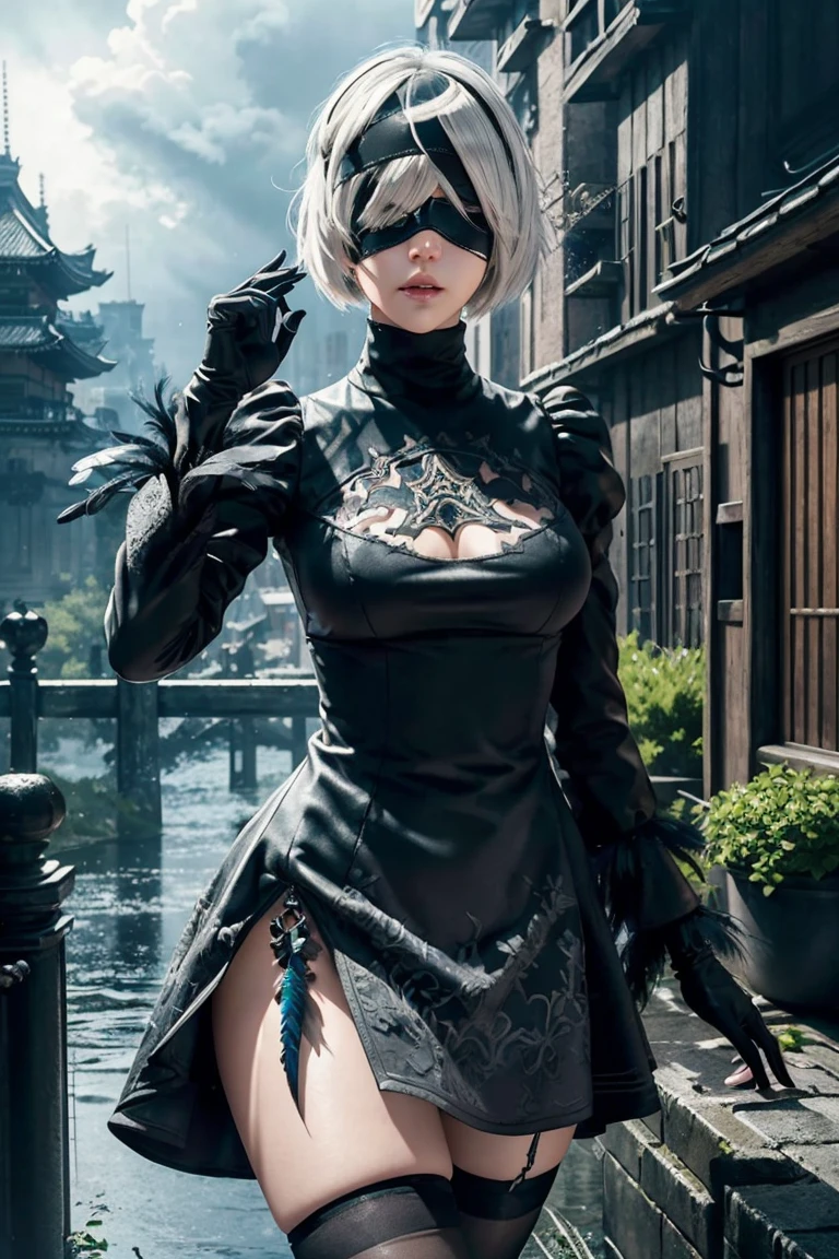 2B Nier Automata,Bobcut, Gray Hair,Long sleeve, Juliet Sleeve, White gloves, turtleneck, bangs, Feather ornament, Feather ornament sleeves, Blindfold, Black Goth Dress,Japanese Ultra HD,super high quality,masterpiece,Digital SLR,Photorealistic,Detailed details,Vivid details,Depicted in detail,A detailed face,Detailed details,Super Detail,Realistic skin texture,Anatomical basis,Perfect Anatomy,Anatomically correct hand,Anatomically correct fingers,Complex 3D rendering,Sexy pose,Rainy Sky,Beautiful scenery,Fantastic rainy sky,Fantasy worldview,Picturesque,Pink Lips,Black butterfly々Fluttering,Black Rose Field,