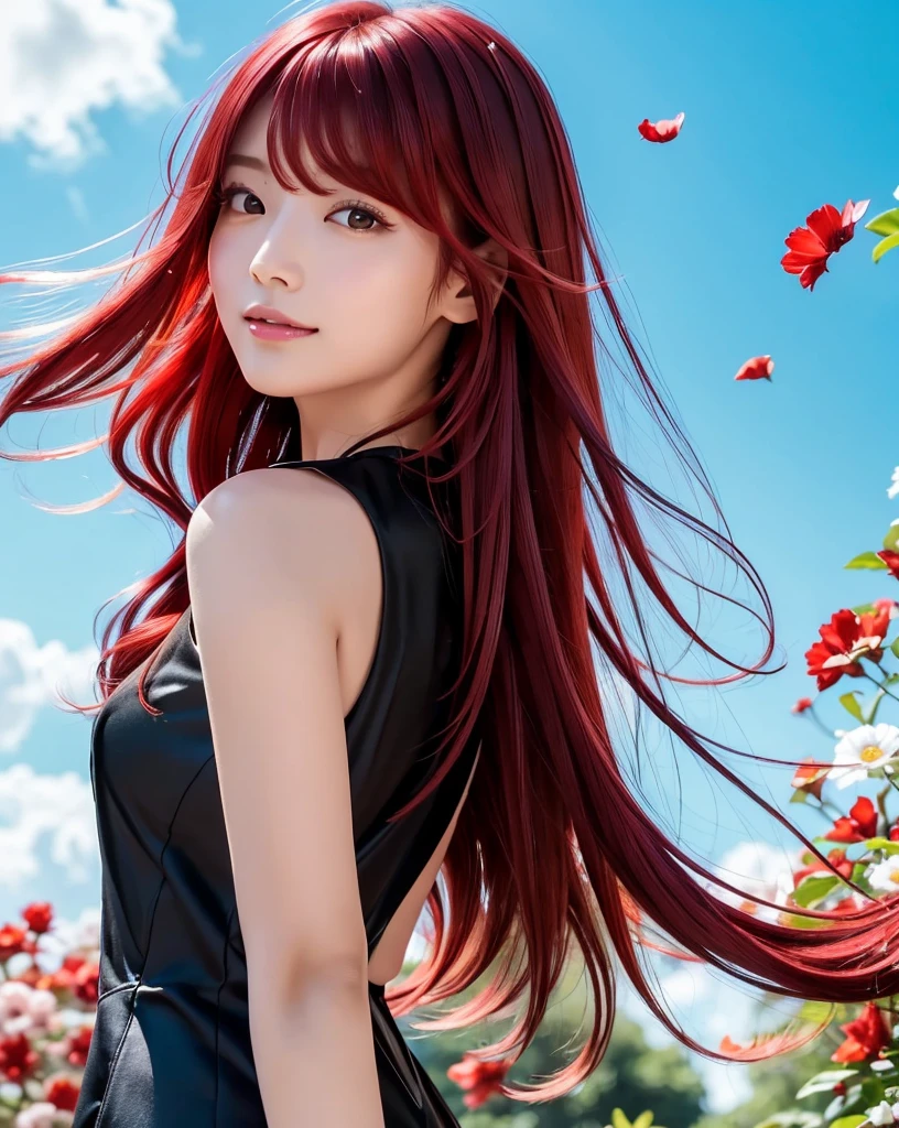 (Highest quality, 32k, High resolution, Masterpiece:1.5, ), marimo_jet, god々A photograph with brilliant dazzling and healing power., Evoking a sense of calm and elusive beauty, Expressing emotions, Have a rich imagination, Beautiful Japanese Girls, ((Looking back:1.3)), An exceptionally beautiful face, Small Face Beauty, Perfect Human Anatomy, Magical big eyes, Motherhood and generosity, Deep Love, fleeting smile, ((Shiny crimson hair:1.4)), Super long straight silk hair swaying in the wind, Asymmetrical bangs, Hair between the eyes, Transparent, soft white skin, Sharp eyebrows, Thin lashes, Natural Makeup, Cheek highlighter, Lips with fine detail, (Black dress:1.5), High resolutionの完璧な鎖骨, High resolutionの美しい胸元, Slim figure with ample breasts, High resolutionの美しい太もも, ((Beautifully detailed skies:1.2)), ((Vibrant petal effect:1.2)), Professional photographer, Professional Lighting, Professional models, god秘的