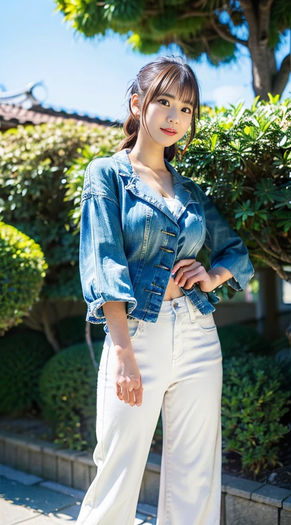 (top-quality、hight resolution、masutepiece、Photorealsitic:1.4)、女の子1人、Japan pretty women、Tight white camisole、Tight denim pants、(huge-breasted:1.2)、full body Esbian