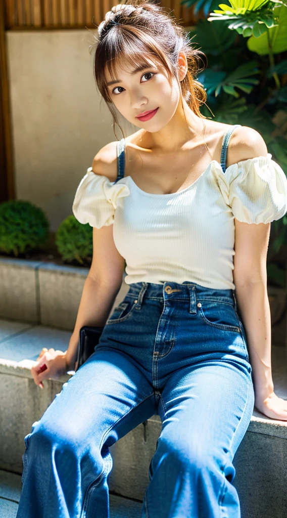 (top-quality、hight resolution、masutepiece、Photorealsitic:1.4)、1人、Japan pretty women、Tight white camisole、Tight denim pants、(huge-breasted:1.2)、full body Esbian