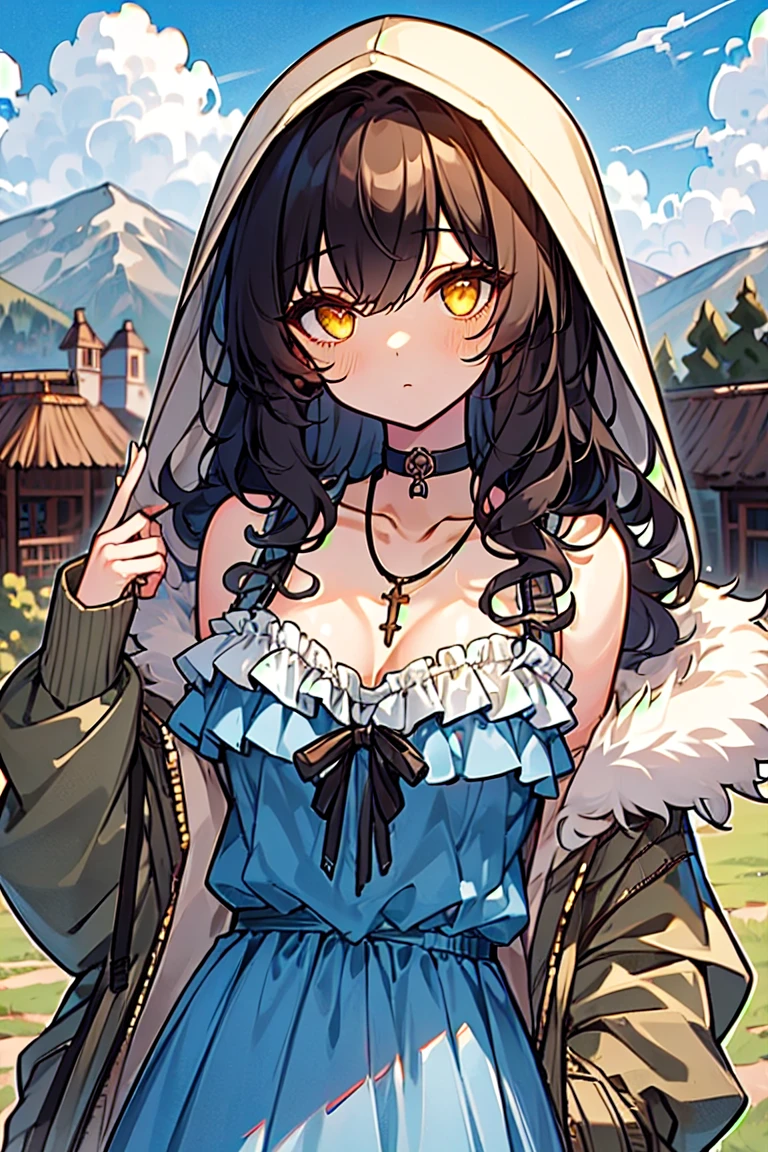 (masterpiece:1.2), (high quality:1.2), girls with((black hair, yellow eyes, (wavy long hair, one side up:1.3), bare shoulders, breasts, choker, cleavage, coat, collar, collarbone, cowboy shot, dress, blue clothes, camisole, (rosary, rosary choker, cross:0.7), necklace, fur, fur collar, fur trim, hood down, hooded jacket, hoodie, jacket, large breasts, long hair, long sleeves, black belt, suspenders, medium breasts, medium hair, necklace, open clothes, open hoodie, sleeveless, solo, winter clothes, zipper, cleavage, upper body, hand up, waving, palm)), background with((architecture, blue sky, bush, castle, village, no humans, cloud, cloudy sky, day, field, garden, grass, hill, house, lamppost, landscape, mountain, mountainous horizon, nature, no humans, outdoors, scenery, shrine, sky))