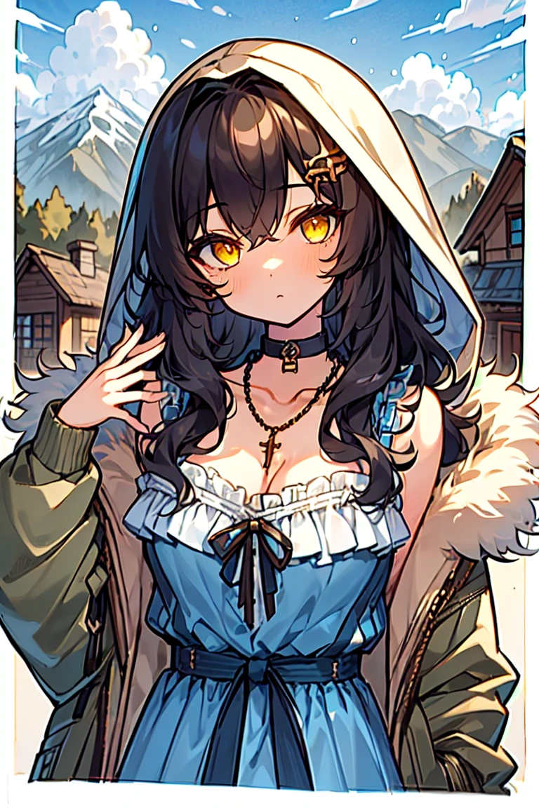 (masterpiece:1.2), (high quality:1.2), girls with((black hair, yellow eyes, (wavy long hair, one side up:1.3), bare shoulders, breasts, choker, cleavage, coat, collar, collarbone, cowboy shot, dress, blue clothes, camisole, (rosary, rosary choker, cross:0.7), necklace, fur, fur collar, fur trim, hood down, hooded jacket, hoodie, jacket, large breasts, long hair, long sleeves, black belt, suspenders, medium breasts, medium hair, necklace, open clothes, open hoodie, sleeveless, solo, winter clothes, zipper, cleavage, upper body, hand up, waving, palm)), background with((architecture, blue sky, bush, castle, village, no humans, cloud, cloudy sky, day, field, garden, grass, hill, house, lamppost, landscape, mountain, mountainous horizon, nature, no humans, outdoors, scenery, shrine, sky))
