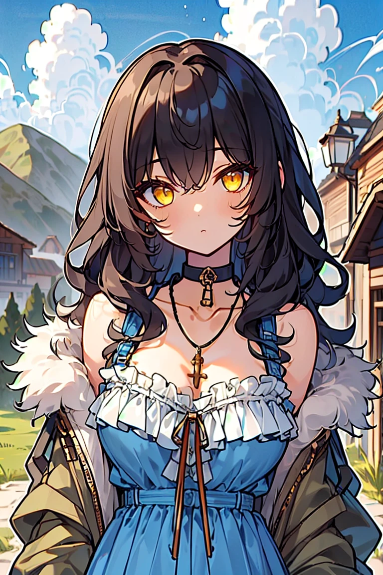 (masterpiece:1.2), (high quality:1.2), girls with((black hair, yellow eyes, (wavy long hair, one side up:1.3), bare shoulders, breasts, choker, cleavage, coat, collar, collarbone, cowboy shot, dress, blue clothes, camisole, (rosary, rosary choker, cross:0.7), necklace, fur, fur collar, fur trim, hood down, hooded jacket, hoodie, jacket, large breasts, long hair, long sleeves, black belt, suspenders, medium breasts, medium hair, necklace, open clothes, open hoodie, sleeveless, solo, winter clothes, zipper, cleavage, upper body, hand up, waving, palm)), background with((architecture, blue sky, bush, castle, village, no humans, cloud, cloudy sky, day, field, garden, grass, hill, house, lamppost, landscape, mountain, mountainous horizon, nature, no humans, outdoors, scenery, shrine, sky))