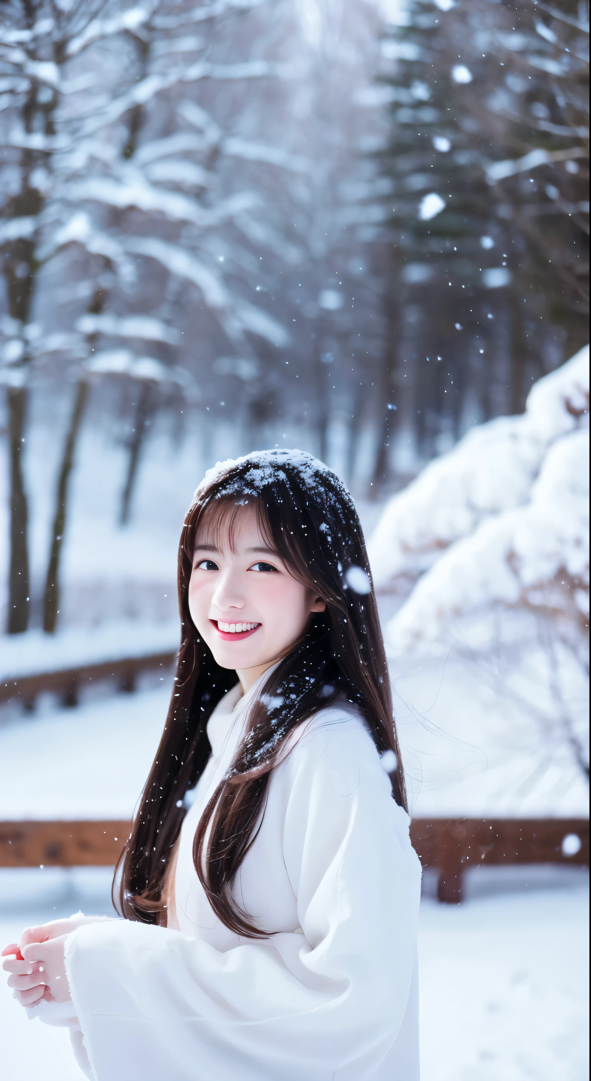 Best quality, 4K picture quality, 1girl, white Hanfu, snow, long hair fluttering in the wind, healing smile, large aperture, blurred background
