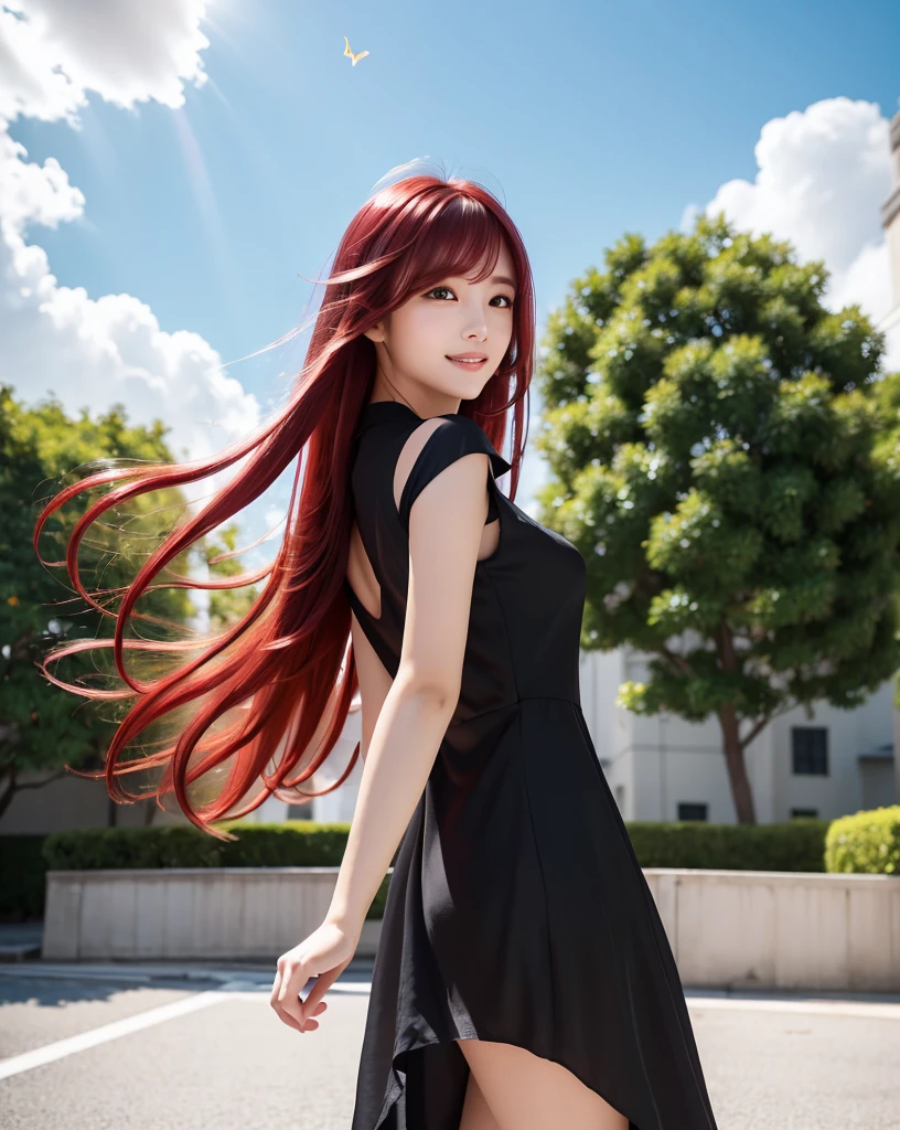 (Highest quality, 32k, High resolution, Masterpiece:1.5, ), marimo_jet, god々A photograph with brilliant dazzling and healing power., Evoking a sense of calm and elusive beauty, Expressing emotions, Have a rich imagination, Beautiful Japanese Girls, ((Looking back:1.3)), An exceptionally beautiful face, Small Face Beauty, Perfect Human Anatomy, Magical big eyes, Motherhood and generosity, Deep Love, fleeting smile, ((Shiny crimson hair:1.4)), Super long straight silk hair swaying in the wind, Asymmetrical bangs, Hair between the eyes, Transparent, soft white skin, Sharp eyebrows, Thin lashes, Natural Makeup, Cheek highlighter, Lips with fine detail, (Black dress:1.5), High resolutionの完璧な鎖骨, High resolutionの美しい胸元, Slim figure with ample breasts, High resolutionの美しい太もも, ((Beautifully detailed skies:1.2)), ((Vibrant petal effect:1.2)), Professional photographer, Professional Lighting, Professional models, god秘的