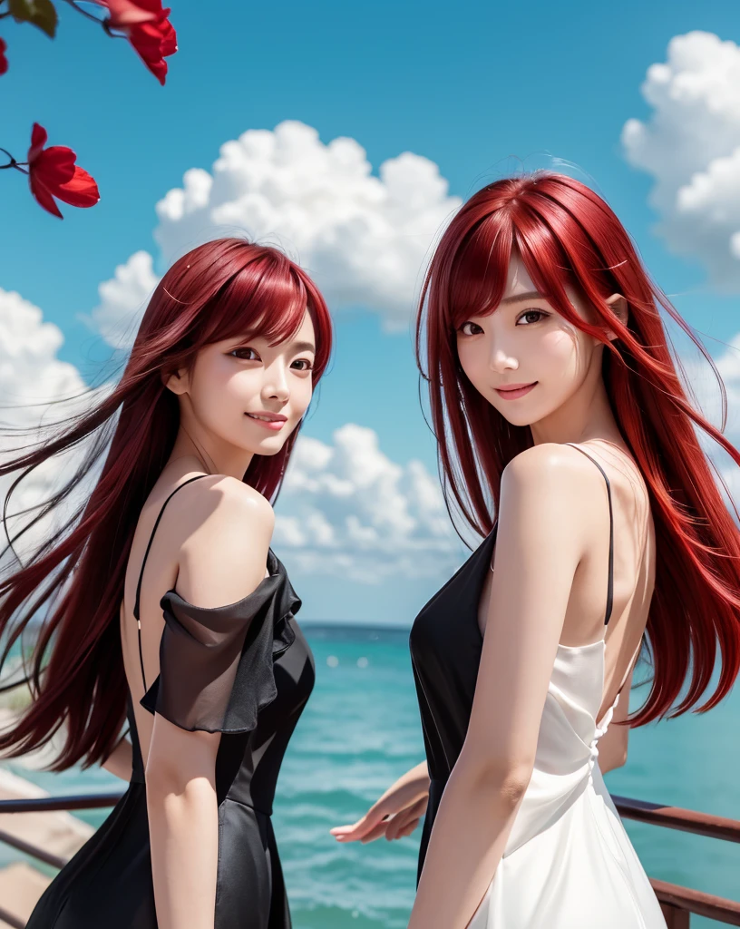 (Highest quality, 32k, High resolution, Masterpiece:1.5, ), marimo_jet, god々A photograph with brilliant dazzling and healing power., Evoking a sense of calm and elusive beauty, Expressing emotions, Have a rich imagination, Beautiful Japanese Girls, ((Looking back:1.3)), An exceptionally beautiful face, Small Face Beauty, Perfect Human Anatomy, Magical big eyes, Motherhood and generosity, Deep Love, fleeting smile, ((Shiny crimson hair:1.4)), Super long straight silk hair swaying in the wind, Asymmetrical bangs, Hair between the eyes, Transparent, soft white skin, Sharp eyebrows, Thin lashes, Natural Makeup, Cheek highlighter, Lips with fine detail, (Black dress:1.5), High resolutionの完璧な鎖骨, High resolutionの美しい胸元, Slim figure with ample breasts, High resolutionの美しい太もも, ((Beautifully detailed skies:1.2)), ((Vibrant petal effect:1.2)), Professional photographer, Professional Lighting, Professional models, god秘的