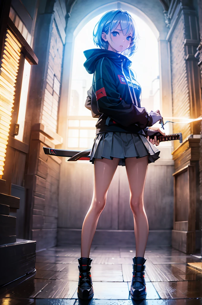 (masterpiece), (best quality), (ultra detailed), (high res 8K), 1 girl, late teenage, standing, contrappost, full body, low angle, hoody, mini-skirt,((katana)), short hair, silver hair, serious, looking away, cityscape in Tokyo, night, rim lighting, high contrast, professional lighting, stunning face, symmetrical clear eyes, detailed eyes and face,(near future)