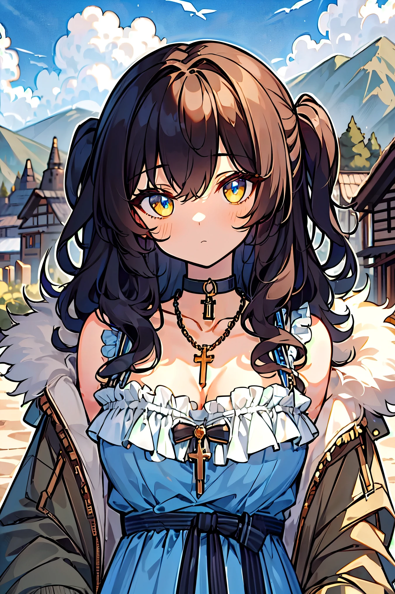 (masterpiece:1.2), (high quality:1.2), girls with((black hair, (wavy long hair, one side up:1.3), bare shoulders, breasts, choker, cleavage, coat, collar, collarbone, cowboy shot, dress, blue clothes, camisole, rosary, rosary choker, cross, necklace, fur, fur collar, fur trim, hood down, hooded jacket, hoodie, jacket, large breasts, long hair, long sleeves, black belt, suspenders, medium breasts, medium hair, necklace, open clothes, open hoodie, sleeveless, solo, winter clothes, zipper, cleavage, upper body, hand up, waving, palm)), background with((architecture, blue sky, bush, castle, village, no humans, cloud, cloudy sky, day, field, garden, grass, hill, house, lamppost, landscape, mountain, mountainous horizon, nature, no humans, outdoors, scenery, shrine, sky))