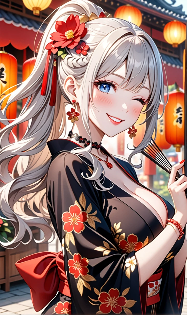 ultra-detailed, ((one girl)), (pale skin:1.4), in pastel colors gyaru, (heavy makeup), (professional lighting) hyper detailed, absurdres, 8K, Beautiful Face, (Laugh shyly), ((teasing smile:1.8)), ((Wink:1.7)), (Laugh with your mouth wide open),((Tilt your face:1.6)), View your viewers, ((Bright red cheeks:1.6)),Glossy Red Lips, ((Big Breasts:1.6)), ((undressing:1.2)), noon, Shrine festival stalls, ((Anime style background)),masterpiece, Highest quality, so beautiful,Latest, Complex details, (Pink long nails), (nail art), (ring),(bracelet), (Floral Choker),AI-generated, Complex,High resolution, Highest quality, super high quality,3D Images、3D Images,One person,Pastel silver long hair,(High Ponytail), (wavy hair:1.3), Pastel anime woman posing for a photo, ((Fine grain、blue eyes、glowing eyes:1.4)), (Squint your eyes:1.1), (one eye closed:1.6), a hyperRealistic , hyperRealistic , Realistic,Anime woman with long pastel white hair, Smooth anime CG art, A girl in a gorgeous black kimono, ((Black long-sleeved kimono)),(Large red floral pattern), Golden embroidery, (sideboob), Long flower hair ornament,Floral Earrings, Mature Body, tall,Narrow waist, ((from side:1.2)), ((leaning forward:)), ((upper body)), ((Holding a fan in your hand:1.3)),
