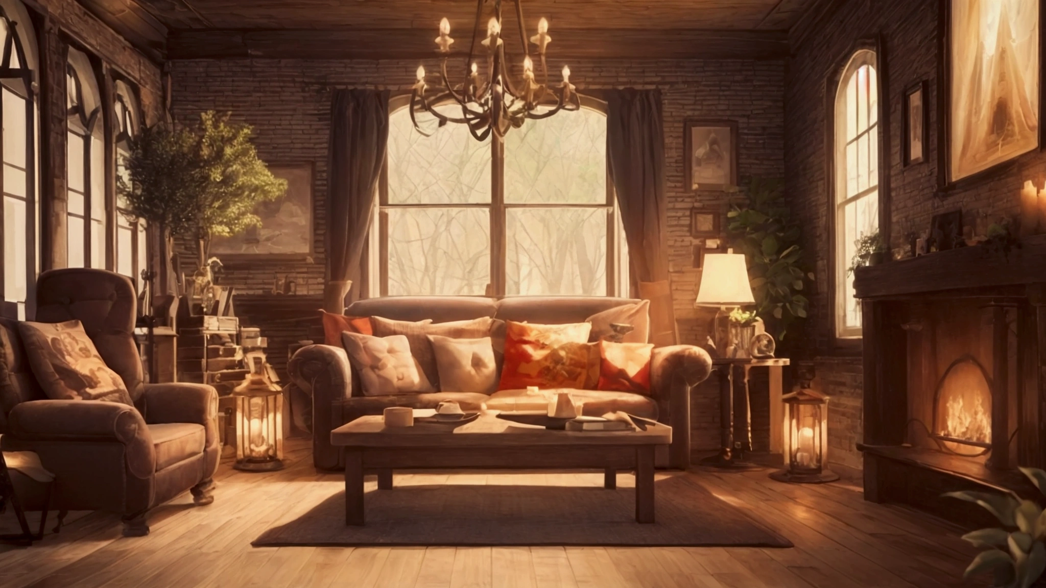 there is a living room with a circular window and a fireplace, concept art by senior environment artist, cg society contest winner, maximalism, cozy place, relaxing concept art, cozy environment, cozy and peaceful atmosphere, comfy ambience, relaxing environment, cosy enchanted scene, cozy atmosphere, cozy room, 8k vray render, designed for cozy aesthetics!, pleasant cozy atmosphere