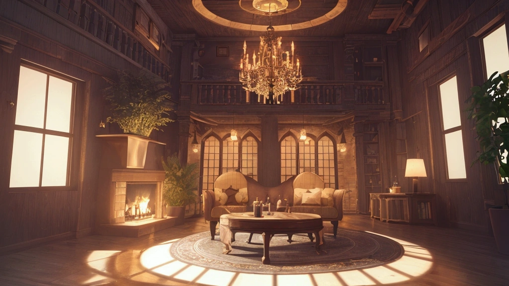 there is a living room with a circular window and a fireplace, concept art by senior environment artist, cg society contest winner, maximalism, cozy place, relaxing concept art, cozy environment, cozy and peaceful atmosphere, comfy ambience, relaxing environment, cosy enchanted scene, cozy atmosphere, cozy room, 8k vray render, designed for cozy aesthetics!, pleasant cozy atmosphere