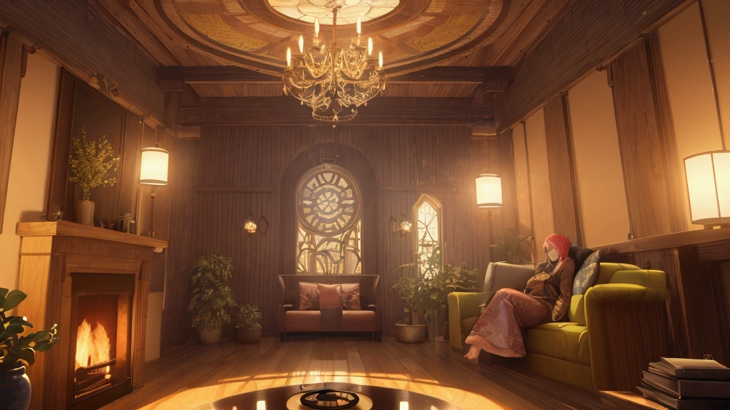 there is a living room with a circular window and a fireplace, concept art by senior environment artist, cg society contest winner, maximalism, cozy place, relaxing concept art, cozy environment, cozy and peaceful atmosphere, comfy ambience, relaxing environment, cosy enchanted scene, cozy atmosphere, cozy room, 8k vray render, designed for cozy aesthetics!, pleasant cozy atmosphere