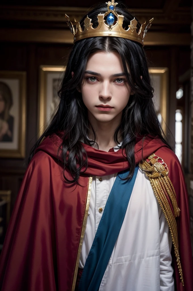 Prince, young man, wearing a long red cloak, long black hair, blue colored eyes, with a crown on his head, Mediovale, fancy