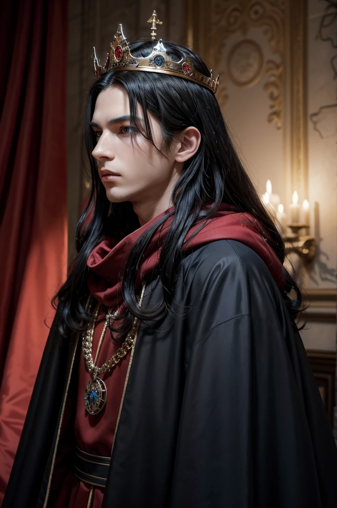 Prince, young man, wearing a long red cloak, long black hair, blue colored eyes, with a crown on his head, Mediovale, fancy
