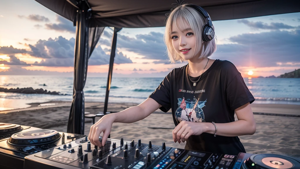 (ultra - detailed, 16K resolution, Cinema lenses, rendering by octane), (high resolution:1.18), intricate detail, (masterpiece:1.1), (highest quality:1.1), (1girl, portrait, white hair, blue eyes, short hair, detailed eyes),Wearing silver DJ headphones, sequined T-shirt, (in the beach:1.5), (Iconic hip-hop pop costumes:1.3), Smile while DJing on stage, DJ studio next to the beach, ((A stylish DJ stage on a hill overlooking the beach)), full body shot, Photorealistic photography by Sunshine, (cute round face:1.3), perfect fingers, five fingers, beautiful hands, perfect hands. master peace, cute smile, Fixhand.