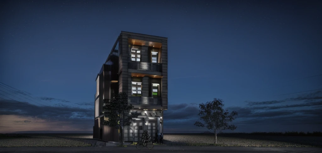 The townhouse has a balcony with black painted iron doors in front of the street where vehicles pass by