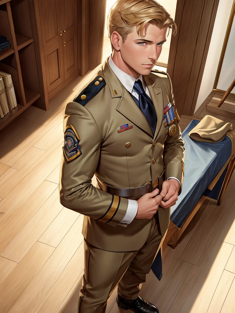 : Leyendecker style illustration : A handsome blond guy, , looks at the ceremonial officer's uniform of a "Navy Seal" with awards, which hangs on a suit hanger standing on the floor, and engages in masturbation. Watching him from behind is a naked, blond, muscular Navy SEAL officer, 35 years old, handsome and arrogant. The officer has a big dick, an erection, and a boner.