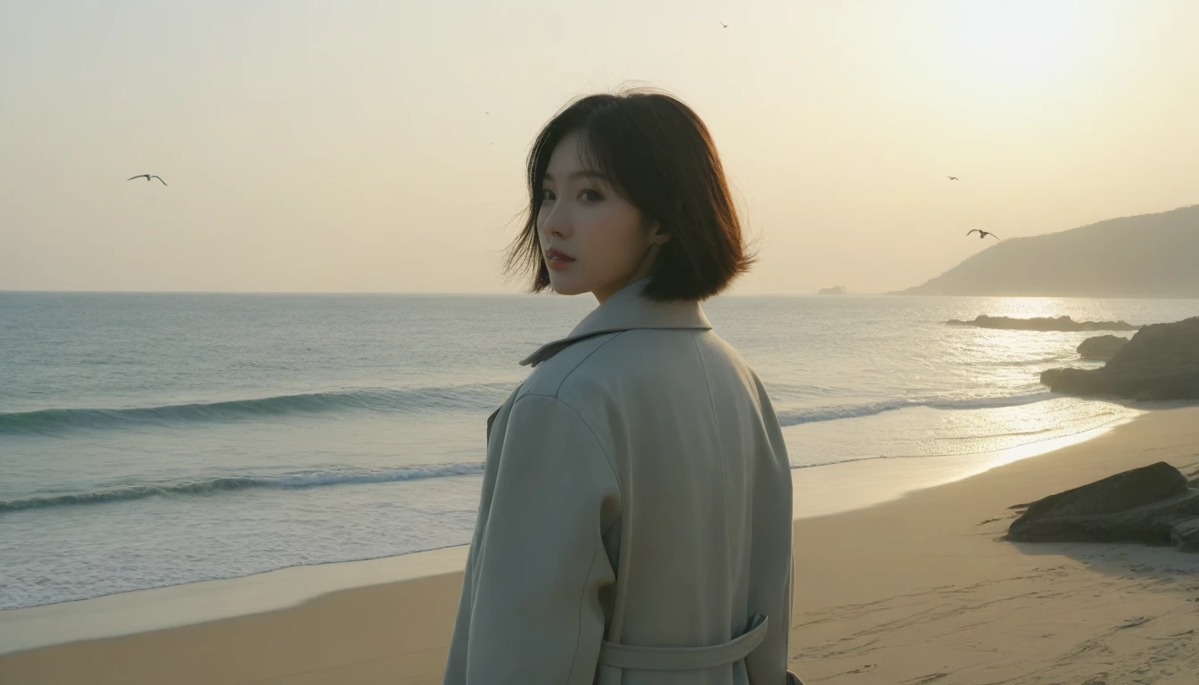 8K, Vivid picture quality, The picture quality is alive., long deserted beach, 멀리서 sunset 뷰, short hair that covers the neck, , trench coat, sunset의 붉은 빛, sunset, alone, afternoon, depressed, birds가 밀려온다, ocean, birds, wind, short korean girl, 잔잔한 birds, canon camera 16-35 wide angle lens, full body shot
