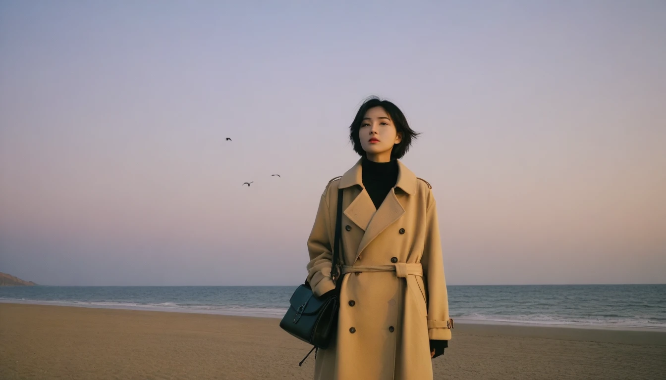 8K, Vivid picture quality, The picture quality is alive., long deserted beach, 멀리서 sunset 뷰, short hair that covers the neck, , trench coat, sunset의 붉은 빛, sunset, alone, afternoon, depressed, birds가 밀려온다, ocean, birds, wind, short korean girl, 잔잔한 birds, canon camera 16-35 wide angle lens, full body shot