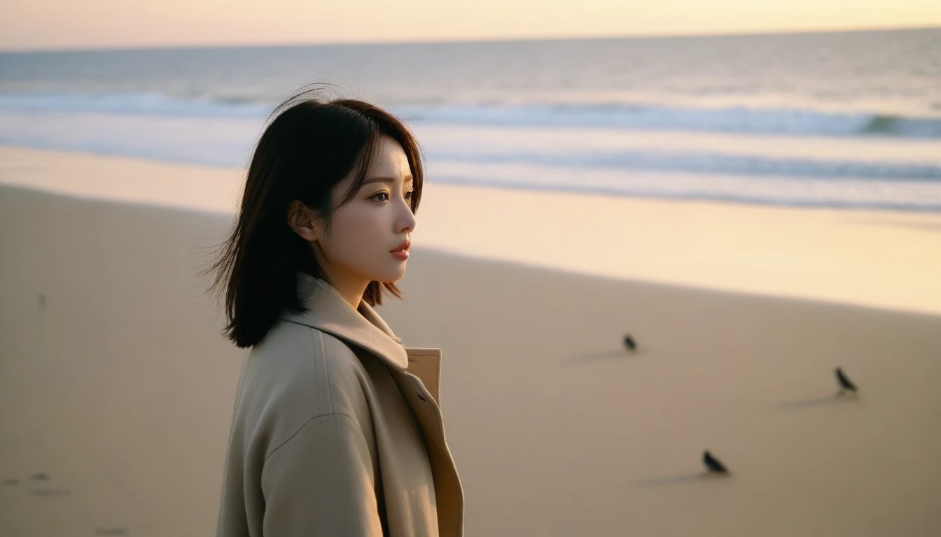 8K, Vivid picture quality, The picture quality is alive., long deserted beach, 멀리서 sunset 뷰, short hair that covers the neck, , trench coat, sunset의 붉은 빛, sunset, alone, afternoon, depressed, birds가 밀려온다, ocean, birds, wind, short korean girl, 잔잔한 birds, canon camera 16-35 wide angle lens, full body shot