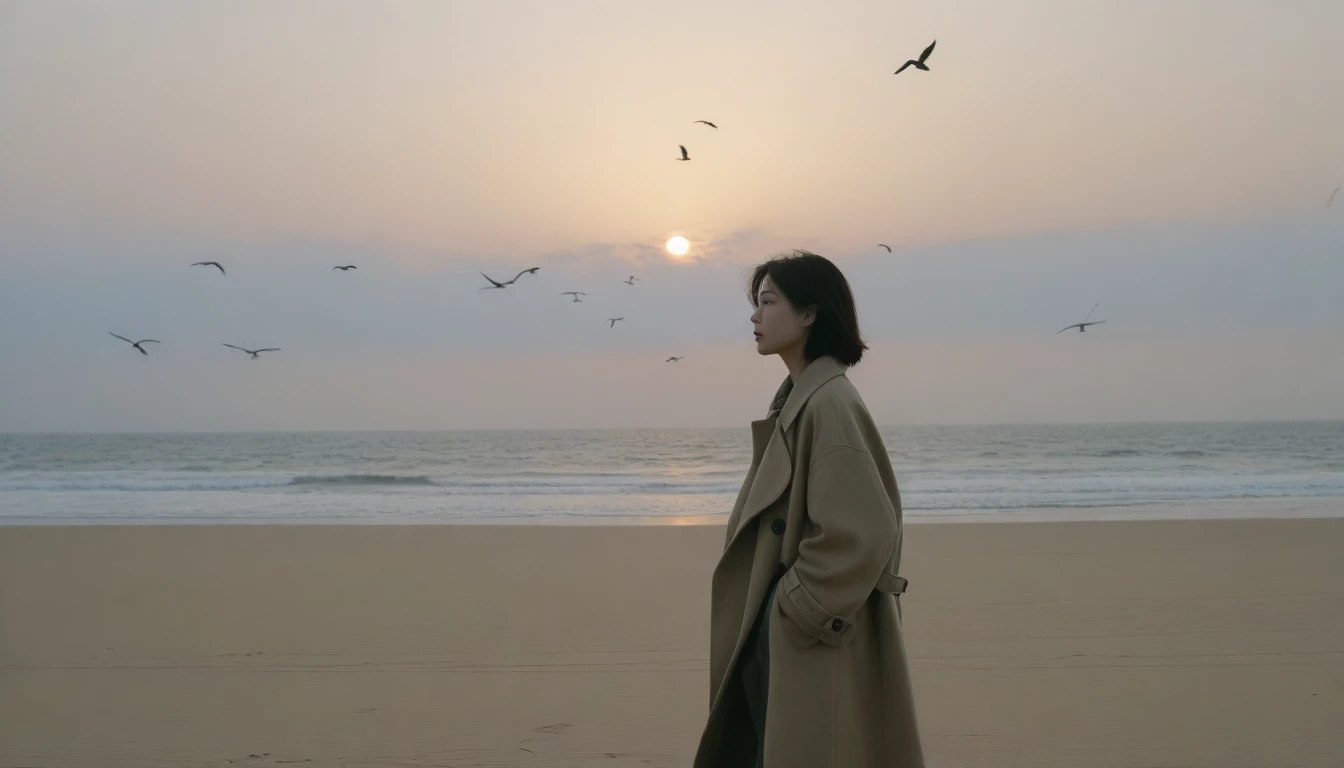 8K, Vivid picture quality, The picture quality is alive., long deserted beach, 멀리서 sunset 뷰, short hair that covers the neck, , trench coat, sunset의 붉은 빛, sunset, alone, afternoon, depressed, birds가 밀려온다, ocean, birds, wind, short korean girl, 잔잔한 birds, canon camera 16-35 wide angle lens, full body shot