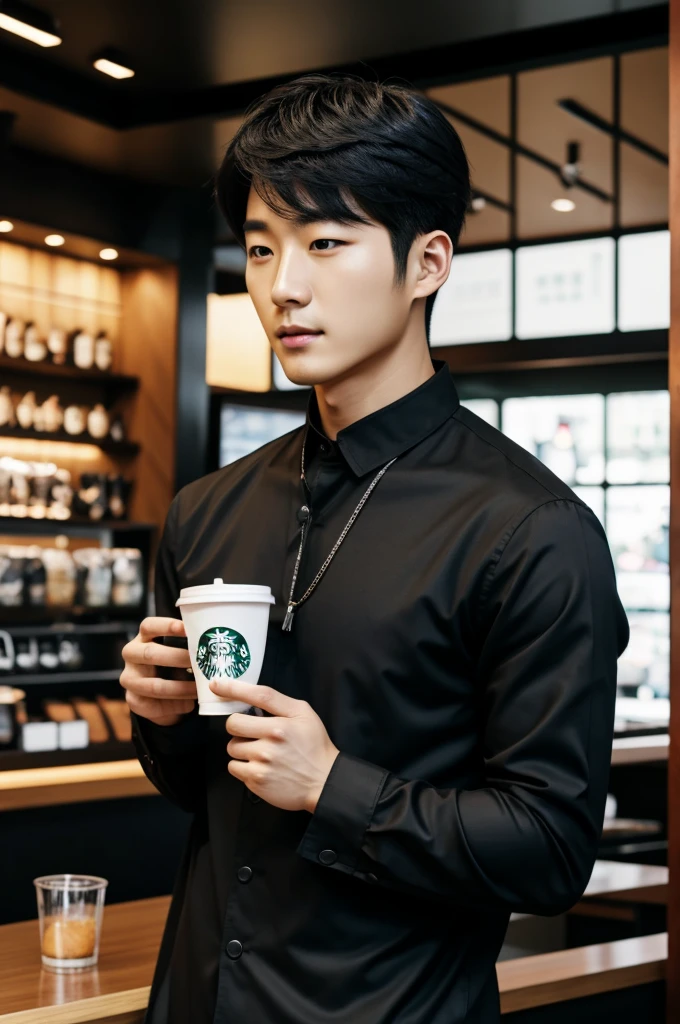 Korean guy wearing a black outfit in Starbucks 