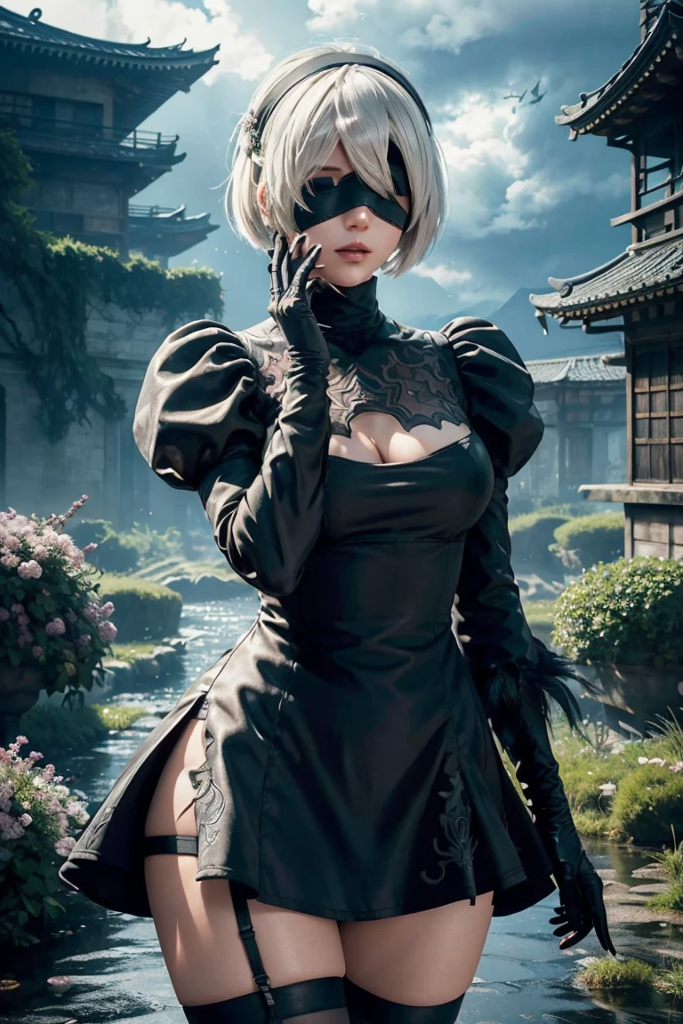2B Nier Automata,Bobcut, Gray Hair,Long sleeve, Juliet Sleeve, White gloves, turtleneck, bangs, Feather ornament, Feather ornament sleeves, Blindfold, Black Goth Dress,Japanese Ultra HD,super high quality,masterpiece,Digital SLR,Photorealistic,Detailed details,Vivid details,Depicted in detail,A detailed face,Detailed details,Super Detail,Realistic skin texture,Anatomical basis,Perfect Anatomy,Anatomically correct hand,Anatomically correct fingers,Complex 3D rendering,Sexy pose,Rainy Sky,Beautiful scenery,Fantastic rainy sky,Fantasy worldview,Picturesque,Pink Lips,Black butterfly々Fluttering,Black Rose Field,