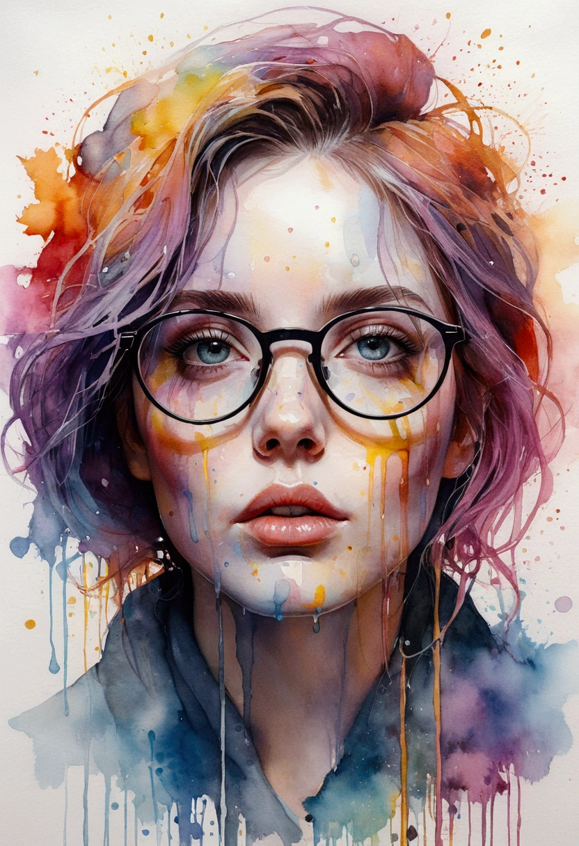 a woman wearing glasses, pastel colors, ink drips, autumn lights, luminous design, agnes cecile, beautiful detailed eyes, beautiful detailed lips, extremely detailed portrait, professional, oil painting, high quality, detailed, elegant, soft lighting, warm tones, vibrant colors, whimsical, dreamlike, intricate details, masterpiece