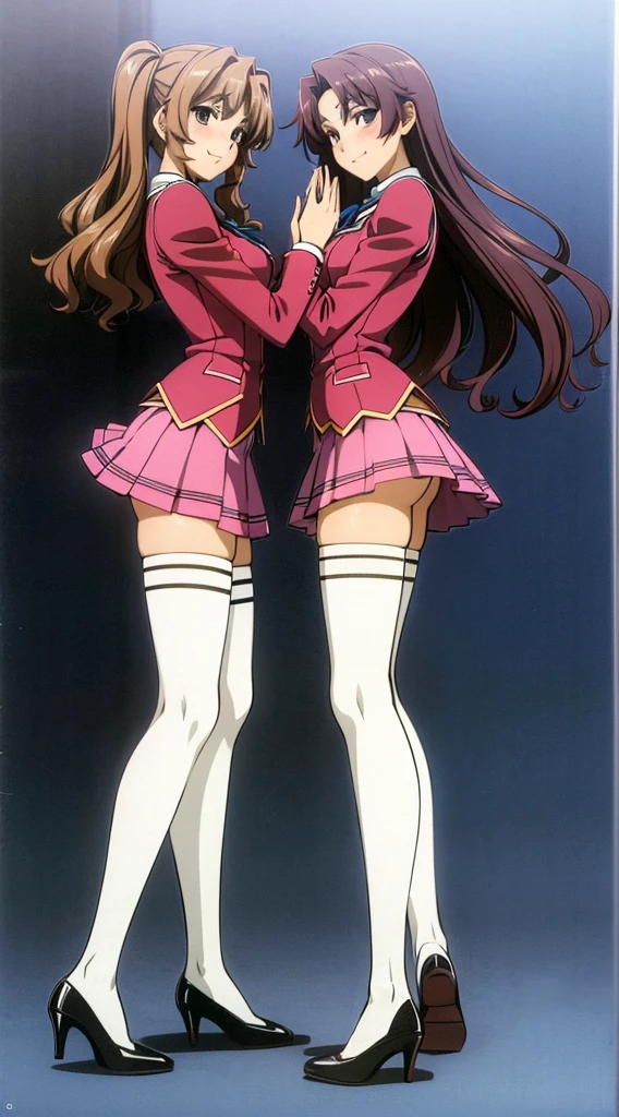Masterpiece, high quality, 2girls, duo, identical twins, identical sisters, brown hair, curly hair, matching hairstyles, hazel eyes, medium sized bust, (school uniform, sexy school uniform, blazer, lace section, ribbon, rainbow short skirt, white thigh-high socks, black high heels, matching outfits), smile, flat_colour, full body, seductive pose, Duo pose: From the side angle, people&#39;s body curves are beautiful.
hugged from the side