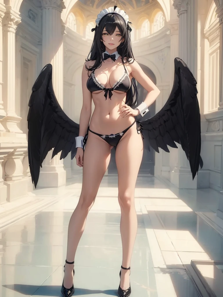 ((1girl, solo)), albedo (overlord), demon girl, demon horns, black wings, low wings, feathered wings, black feathers, beautiful body, (perfect anatomy, perfect body, perfect hands, perfect legs), nice hands, natural proportions, sexy body, (large breasts:1.3), standing, hand on hip, full body BREAK
((extremely detailed face)), (yellow eyes:1.2), (beautiful detailed eyes:1.6), (realistic pupils, realistic iris:1), expressive eyes, ((looking at viewer)), (clear eyes:1.3), (hyperrealistic:1.2), (detailed skin texture:1.2), smooth skin, (black hair:1.5), long hair, ahoge, hair between eyes, (detailed lips:1.2), (attractive lips:1.1), (glossy lips:1.1), ((smile)), perfect face, perfect eyes BREAK
maid, (maid bikini:1.5), maid headdress, (detached collar:1.3), (black bowtie:1.3), front-tie top, ((black bikini)), covered nipples, ((wrist cuffs)), side-tie bikini bottom, bare legs, black footwear, high heels BREAK
(masterpiece:1.5), anime-style, top quality, best quality, (beautiful and aesthetic:1.2), (ultra detail:1.5), Ultra-detailed depiction, Ultra-precise depiction, extremely detailed 8k illustration, high resolution, (highly detailed shading:1.2), (realistic lighting:1.4), perfect lighting, vibrant colors, dynamic tones, striking hues, 8k, absurd resolution, perfect shadows, hdr, UHD, ambient lighting, realistic, ultra-realistic, photo realistic, highly detailed, rich detail, luminous colors, fine texture, intricate design, professional illustration, (soft light:1.2), (illustration:0.7)