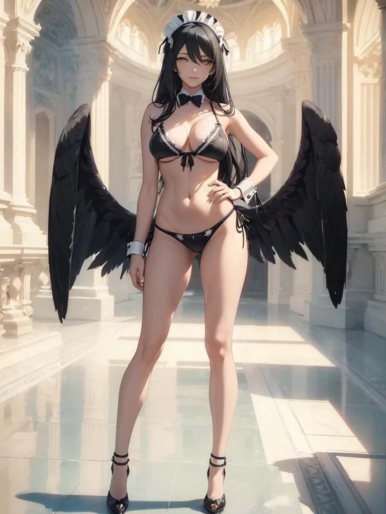 ((1girl, solo)), albedo (overlord), demon girl, demon horns, black wings, low wings, feathered wings, black feathers, beautiful body, (perfect anatomy, perfect body, perfect hands, perfect legs), nice hands, natural proportions, sexy body, (large breasts:1.3), standing, hand on hip, full body BREAK 

((extremely detailed face)), (yellow eyes:1.2), (beautiful detailed eyes:1.6), (realistic pupils, realistic iris:1), expressive eyes, ((looking at viewer)), (clear eyes:1.3), (hyperrealistic:1.2), (detailed skin texture:1.2), smooth skin, (black hair:1.5), long hair, ahoge, hair between eyes, (detailed lips:1.2), (attractive lips:1.1), (glossy lips:1.1), ((smile)), perfect face, perfect eyes BREAK

maid, (maid bikini:1.5), maid headdress, (detached collar:1.3), (black bowtie:1.3), front-tie top, ((black bikini)), covered nipples, ((wrist cuffs)), side-tie bikini bottom, bare legs, black footwear, high heels BREAK

(masterpiece:1.5), anime-style, top quality, best quality, (beautiful and aesthetic:1.2), (ultra detail:1.5), Ultra-detailed depiction, Ultra-precise depiction, extremely detailed 8k illustration, high resolution, (highly detailed shading:1.2), (realistic lighting:1.4), perfect lighting, vibrant colors, dynamic tones, striking hues, 8k, absurd resolution, perfect shadows, hdr, UHD, ambient lighting, realistic, ultra-realistic, photo realistic, highly detailed, rich detail, luminous colors, fine texture, intricate design, professional illustration, (soft light:1.2), (illustration:0.7)