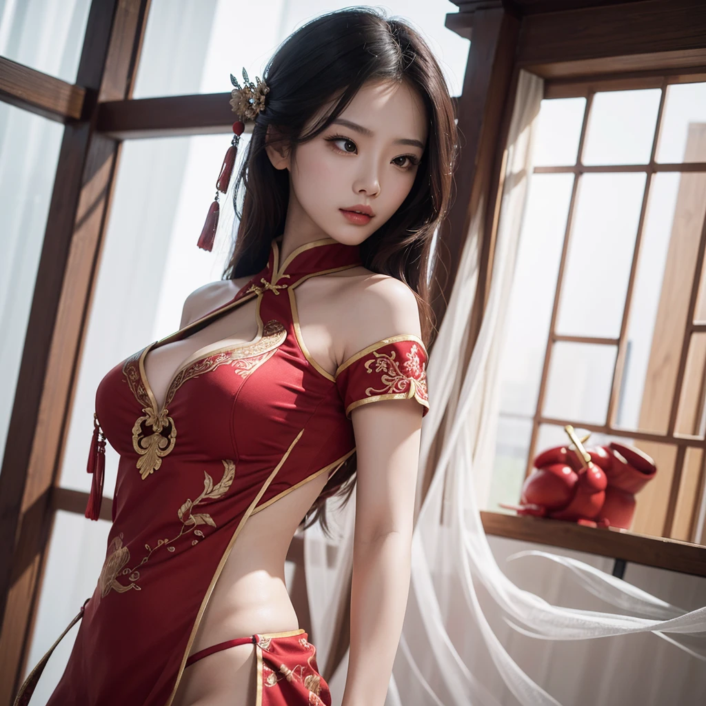 Beautiful breasts,sexy,Red Chinese clothing, whole body, sunlight, Clear Face, Clean white background, masterpiece, Super detailed, A magnificent composition, Ultra HD, high quality, Very detailed, Official Art, Uniform 8k wallpaper, Super detailed, 32k